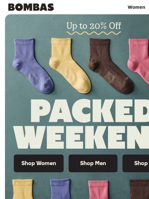 bombas newsletter: Long Weekends Call for Up to 20% Off