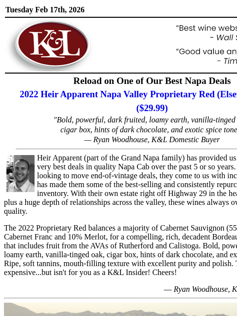 klwines newsletter: A Napa Favorite Returns at an Unbelievable Price