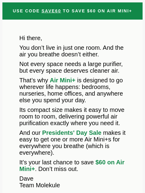 molekule newsletter: LAST CHANCE: $60 off Air Mini+ ends soon ⌛