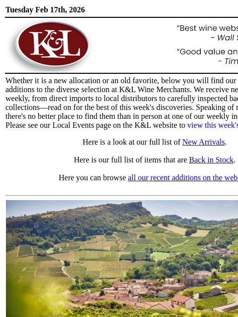klwines newsletter: The Latest from K&L: New Adds and Back In Stock