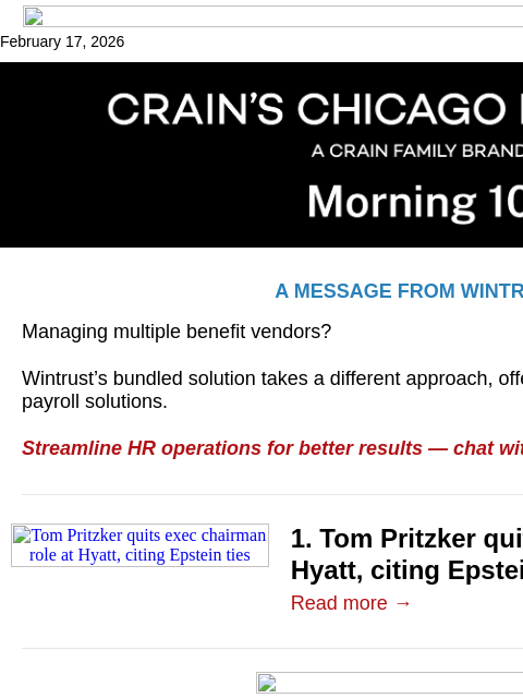 crainalerts newsletter: Tom Pritzker quits Hyatt over Epstein ties