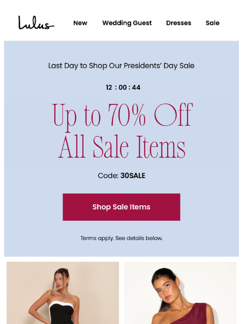 lulus newsletter: Last Day 🚨up to 70% off Sale Items​