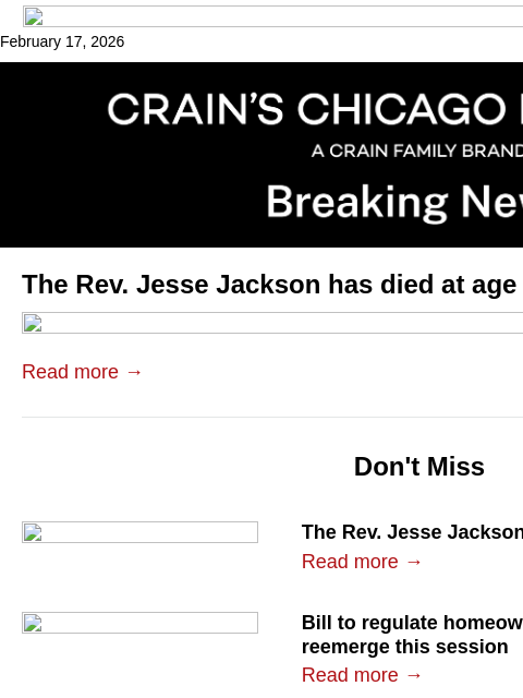 crainalerts newsletter: The Rev. Jesse Jackson has died at age 84