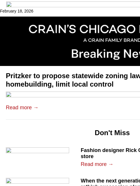 crainalerts newsletter: Pritzker to propose statewide zoning changes