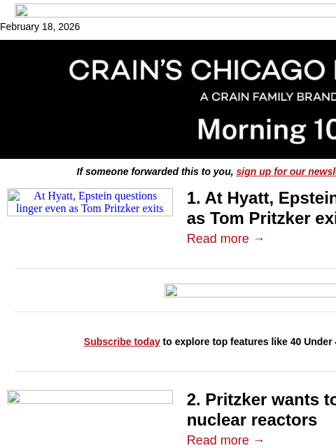 crainalerts newsletter: At Hyatt, Epstein questions linger even as Tom Pri...