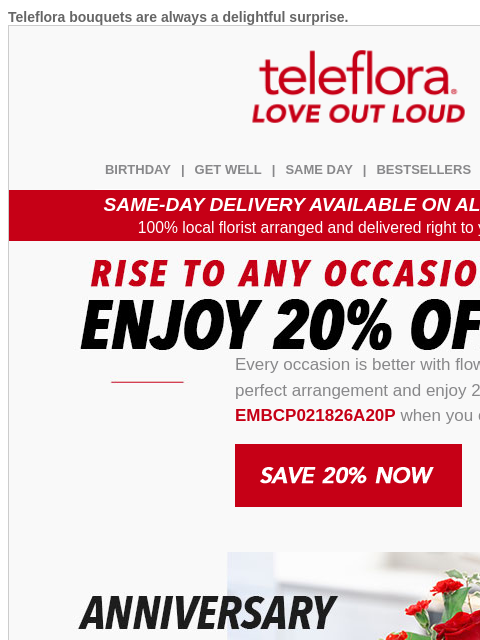 teleflora newsletter: 20% Off | Make Every Occasion Delightful 💐