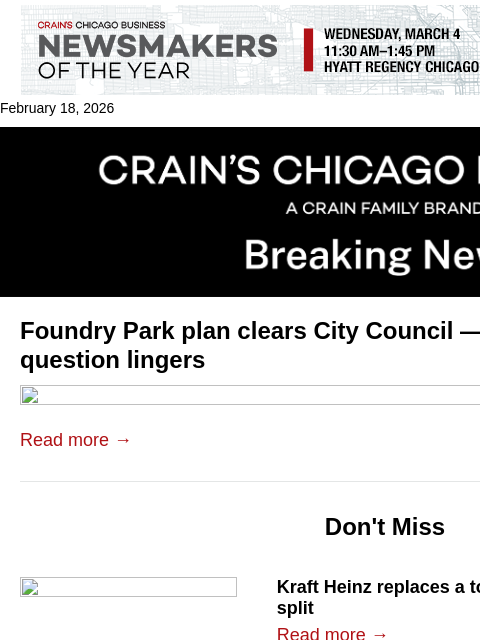 crainalerts newsletter: Foundry Park plan clears City Council