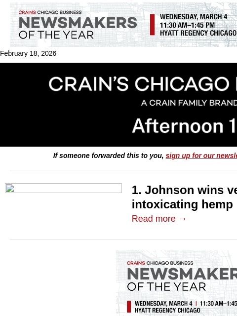 crainalerts newsletter: Johnson wins veto fight over hemp ban