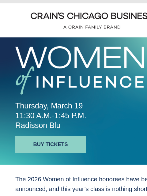 crainliveevents newsletter: Meet Crain’s 2026 Women of Influence