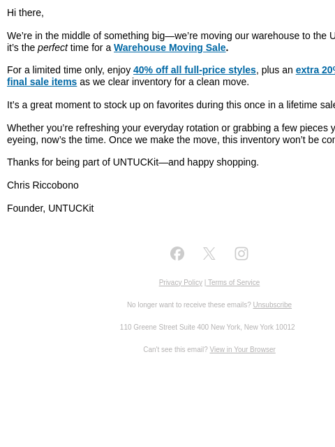 untuckit newsletter: We’re Moving: 40% Off Warehouse Moving Sale Is On ...