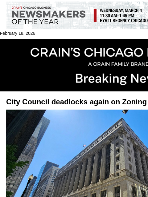 crainalerts newsletter: City Council deadlocks again on Zoning chair
