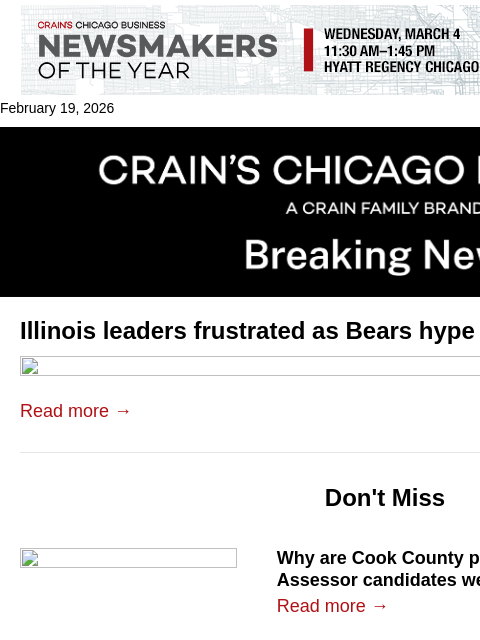 crainalerts newsletter: Illinois leaders frustrated as Bears hype Indiana ...