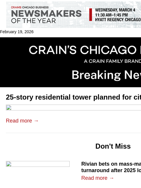 crainalerts newsletter: 25-story tower planned for Loop site