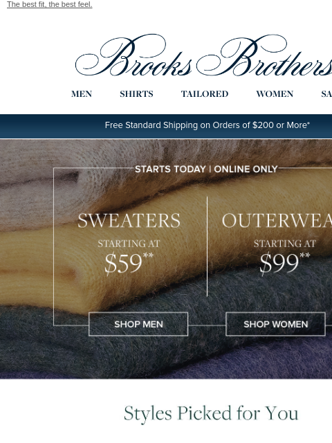brooksbrothers newsletter: Starts now: $59 sweaters + $99 outerwear