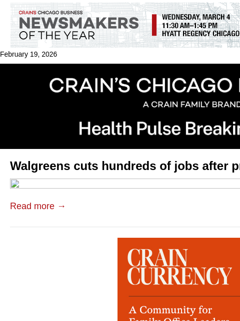 crainalerts newsletter: More Walgreens layoffs