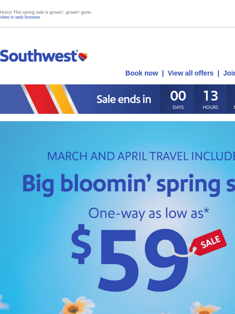 southwest newsletter: $59 sale! Final day.