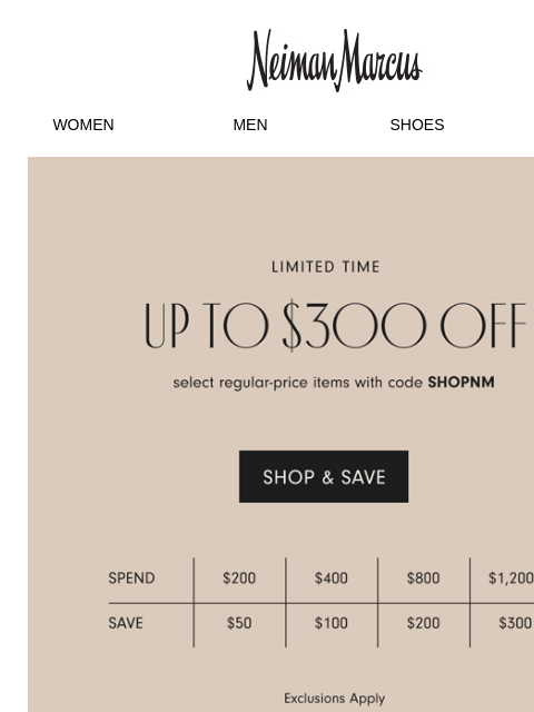 neimanmarcus newsletter: $50-$300 is all yours
