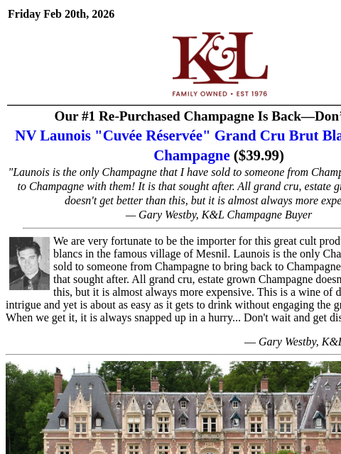 klwines newsletter: Back in Stock: Our Most Re-Purchased Champagne