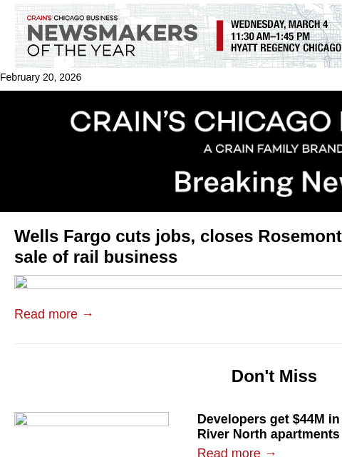 crainalerts newsletter: Wells Fargo cuts jobs in wake of $4.2B rail deal