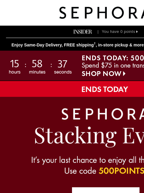 sephora newsletter: 🚨LAST CHANCE 🚨 to earn 500 bonus points