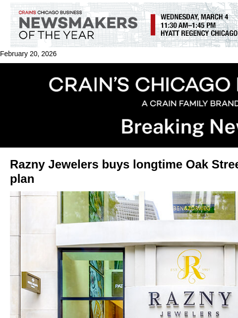 crainalerts newsletter: Razny Jewelers sets expansion plan on Oak Street