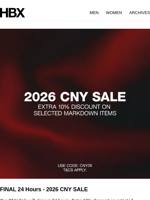 hbx newsletter: FINAL 24 Hours - 2026 CNY SALE