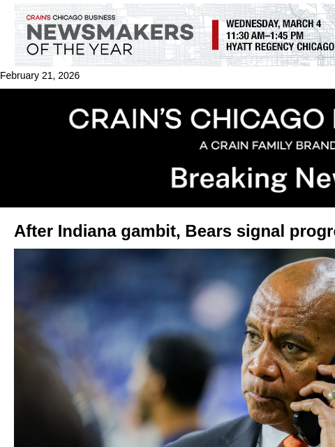 crainalerts newsletter: Bears signal progress on Illinois stadium deal