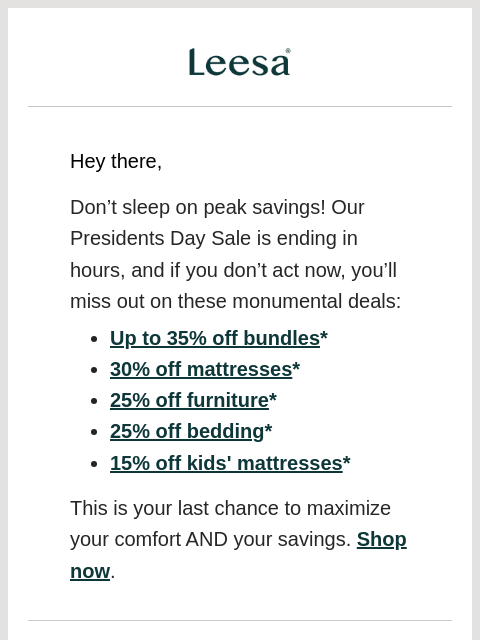 leesasleep newsletter: Final hours for peak Presidents Day savings