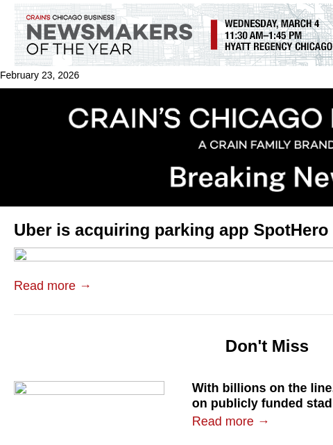 crainalerts newsletter: Uber to acquire SpotHero