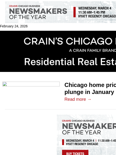 crainalerts newsletter: Chicago home sales plunge in January