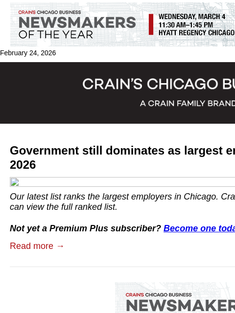 crainalerts newsletter: Largest employers in Chicago