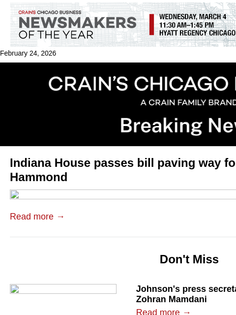 crainalerts newsletter: Indiana House OKs Bears stadium bill