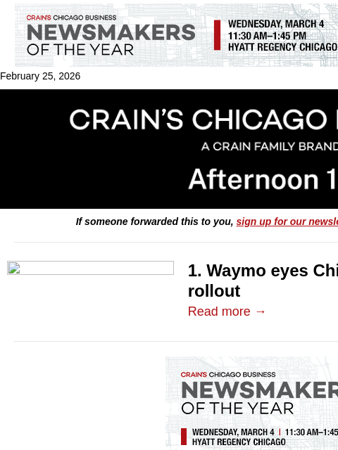 crainalerts newsletter: Waymo eyes Chicago for robotaxi rollout