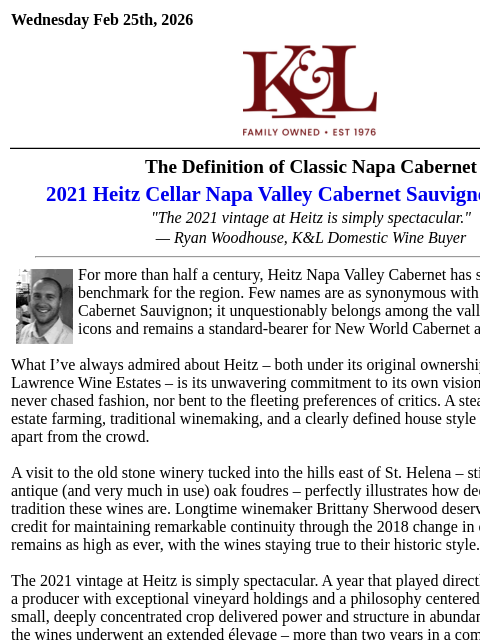 klwines newsletter: 99 Points for Classic Napa Cabernet ($69.95)