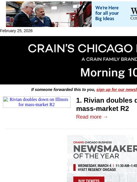 crainalerts newsletter: Rivian doubles down on Illinois