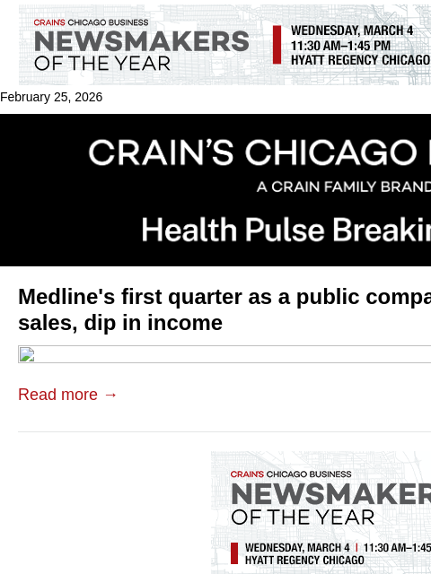 crainalerts newsletter: Medline's first earnings report since IPO