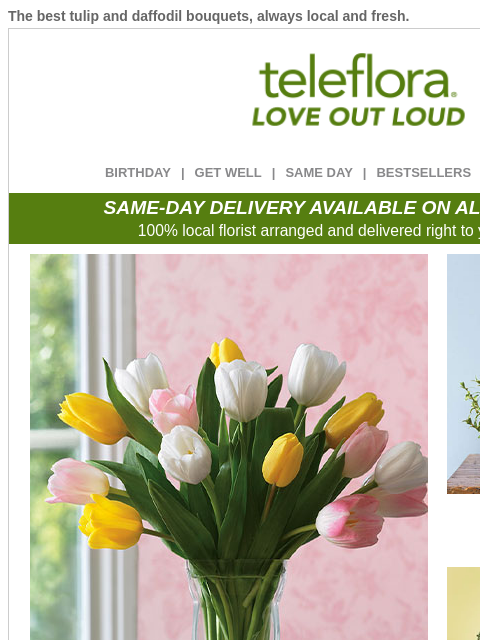 The best tulip and daffodil bouquets, always local and fresh. View in browser ‌ teleflora BIRTHDAY | GET WELL | SAME DAY | BESTSELLERS | DEAL OF THE DAY SAME-DAY DELIVERY AVAILABLE ON ALL BOUQUETS! 100