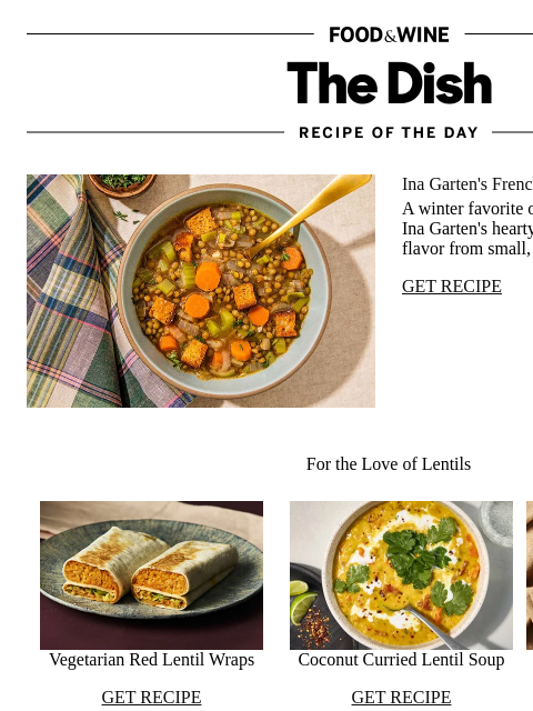 foodandwine newsletter: Ina Garten's French Lentil Soup