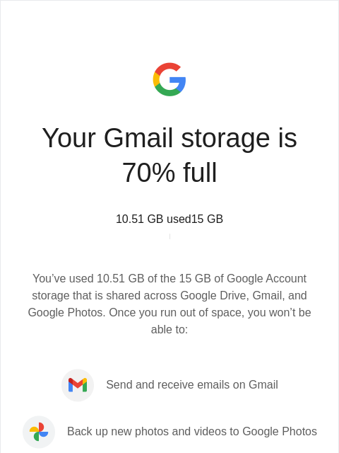 google newsletter: ⚠️ Your Gmail storage is 70% full