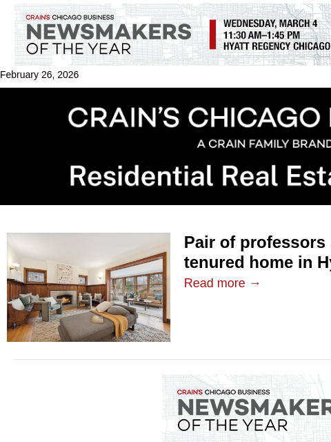 crainalerts newsletter: Hyde Park home near UChicago hits the market