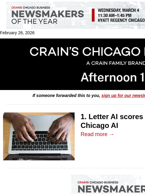 crainalerts newsletter: Chicago AI startup lands $40M