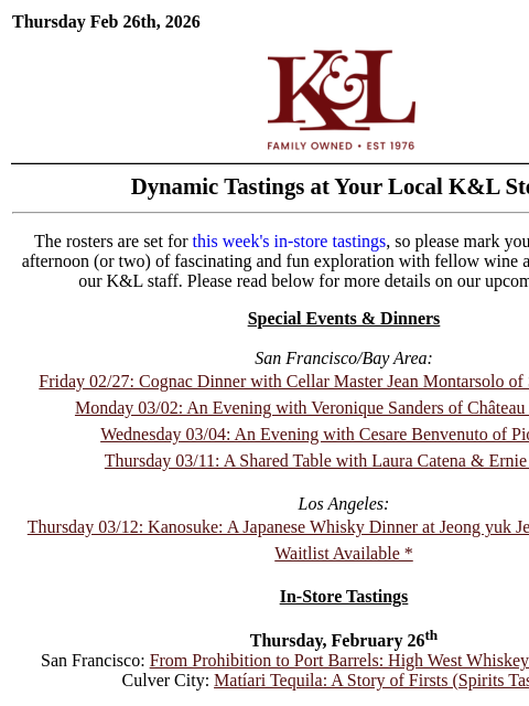 klwines newsletter: K&L Tastings: Tuscan Roots & Rebels, Ribera del Du...