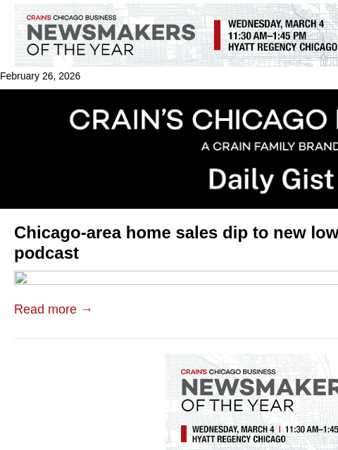 crainalerts newsletter: Chicago-area home sales dip to new lows: Crain's D...