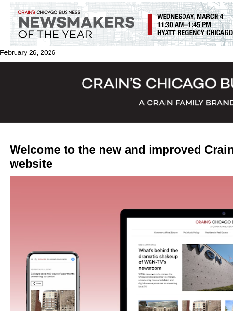 crainalerts newsletter: Welcome to the new Crain's Chicago Business