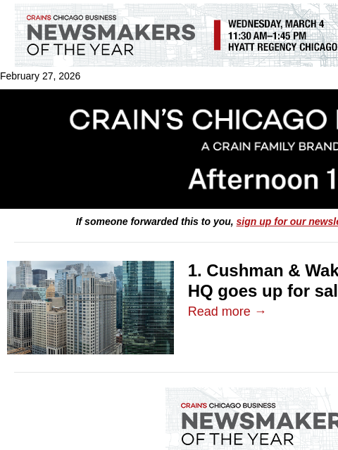 crainalerts newsletter: Cushman & Wakefield's Wacker Drive HQ for sale