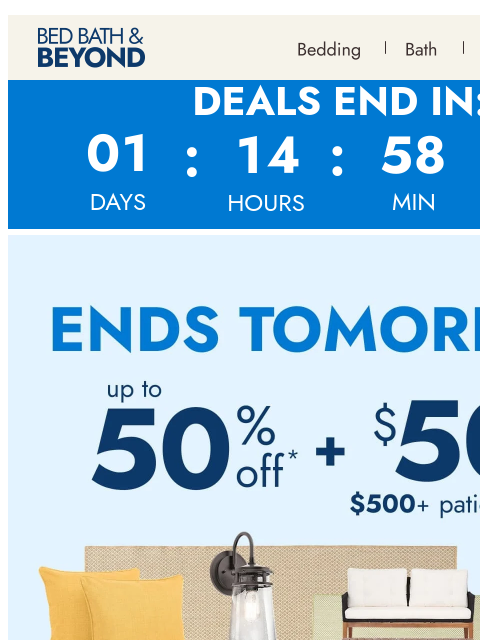 bedbathandbeyond newsletter: Ends tomorrow: $50 off $500