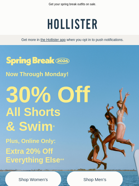 hollisterco newsletter: 🐚 30% off all shorts & swim! 🐚