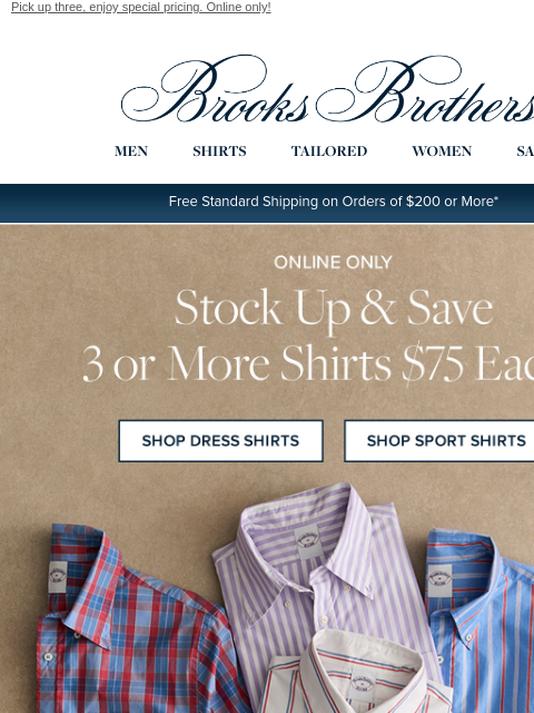 brooksbrothers newsletter: A really good sale: 3 (or more) shirts at $75 each