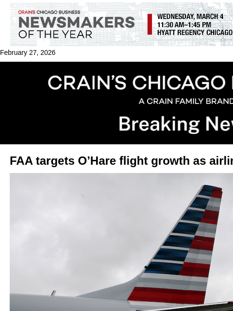 crainalerts newsletter: FAA may cap O'Hare summer flights 9%