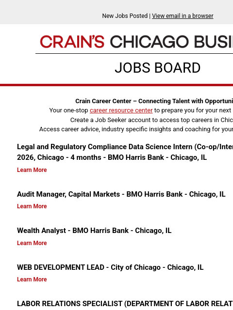 crainalerts newsletter: New jobs posted: Legal and Regulatory Compliance D...